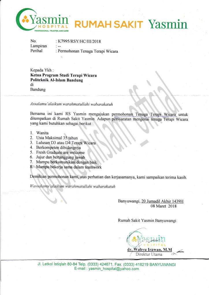 Lowongan Kerja Terapi Wicara RS. Yasmin