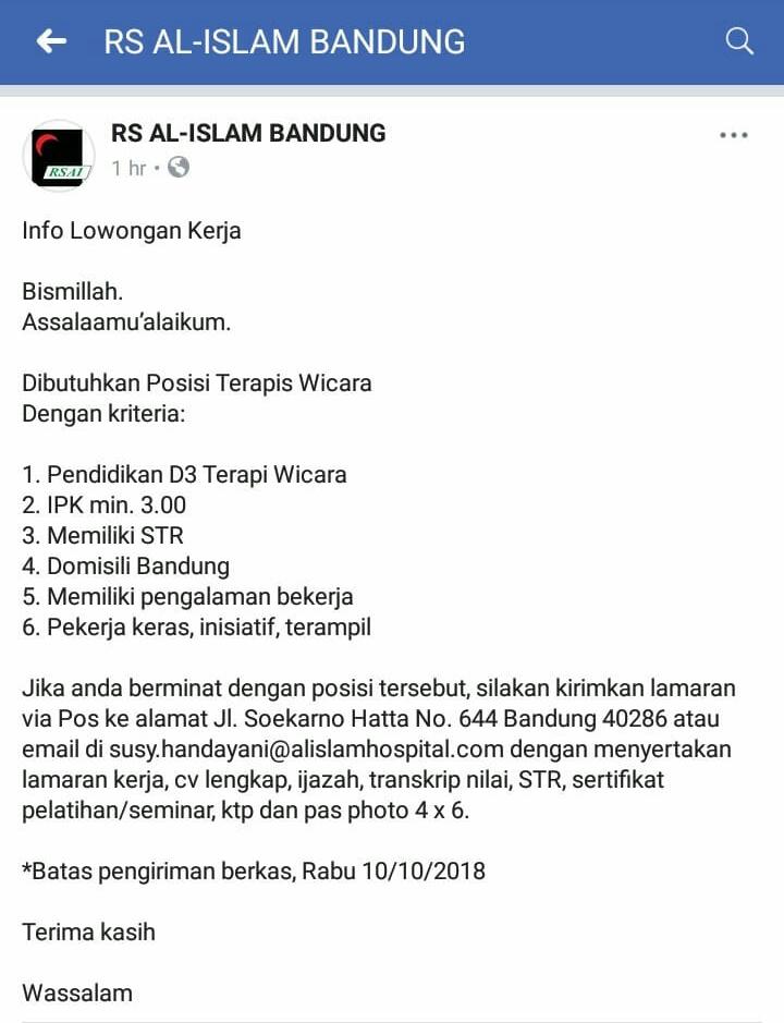 Lowongan Kerja Terapi Wicara di RSAI Bandung